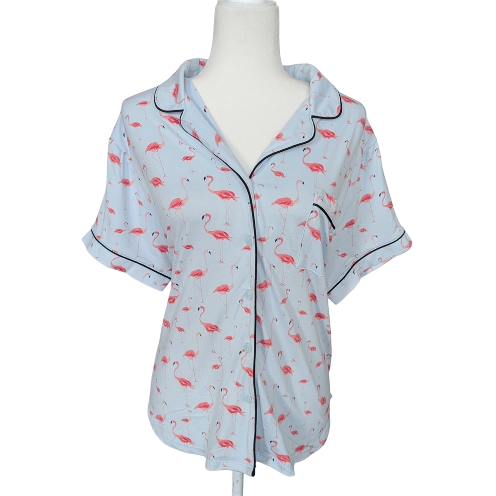 Kate Spade Blue Pink Flamingo Print Black Lined Button Down Sleepwear Top 1X